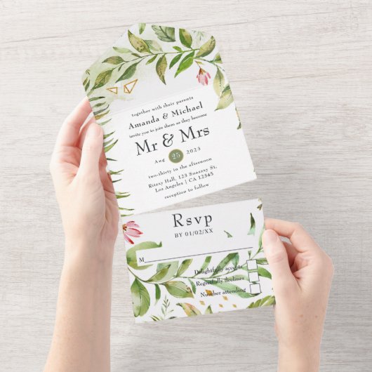 Geometric Crystal Greenery Monogram Weddenschap All In One Uitnodiging (Afscheurbaar)