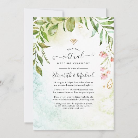 Geometric Crystal Greenery Online Virtual Wedding Kaart (Voorkant)