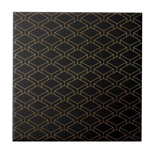 Geometric Cube Pattern Tegel - Zwart en Goud Tegeltje (Voorkant)