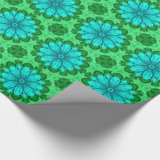 Geometric Daisy Pattern in Turquoise en Green Cadeaupapier (Hoek)