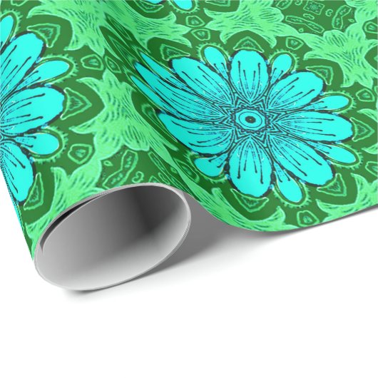 Geometric Daisy Pattern in Turquoise en Green Cadeaupapier (Rol Hoek)