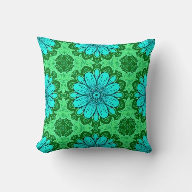 Geometric Daisy Pattern in Turquoise en Green Kussen (Voorkant)