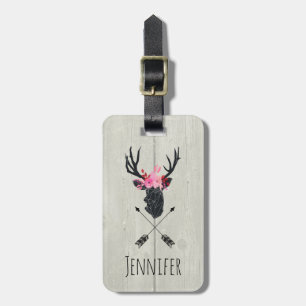 Geometric Deer Head met Floral Crown on Fake Wood Bagagelabel