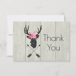 Geometric Deer Head met Floral Crown on Fake Wood Bedankkaart