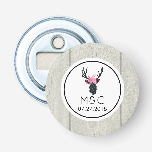 Geometric Deer Head met Floral Crown on Fake Wood Button Flesopener (Voorkant)