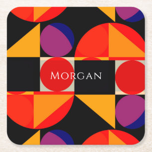 Geometric Design, Name, Red, Black, Orange, Purple Vierkante Kartonnen Onderzetter