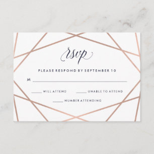 Geometric Diamond Wedding RSVP Faux Roos Gold Kaartje
