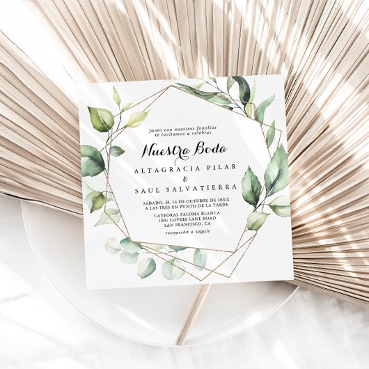 Geometric Elegant Gold Green Nuestra Boda Wedding Kaart