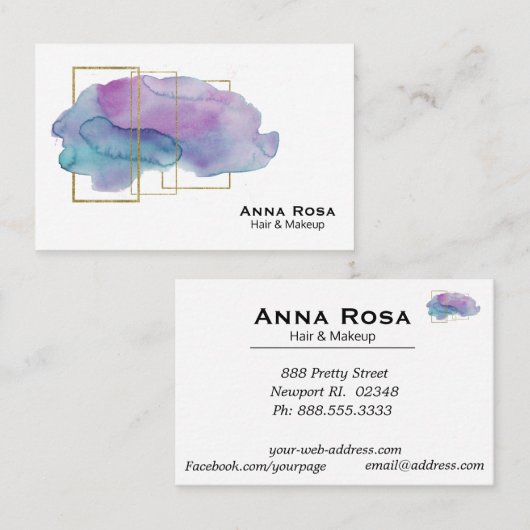 *~* Geometric Girly Gold Paarse Magenta Waterverf Visitekaartje (Voorkant / Achterkant)