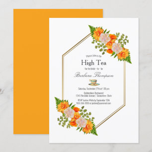 Geometric Gold Blush Oranje Floral Bridal High Tea Kaart