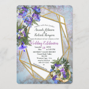 Geometric Gold en Jacaranda Flowers Wedding Kaart