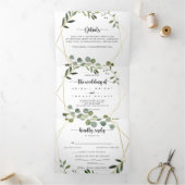 Geometric Gold Green Eucalyptus Weddenschap Drieluik Uitnodiging (Binnen)