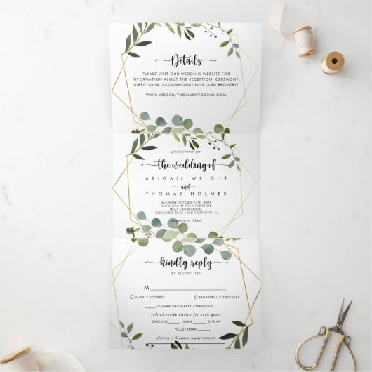 Geometric Gold Green Eucalyptus Weddenschap Drieluik Uitnodiging (Binnen)