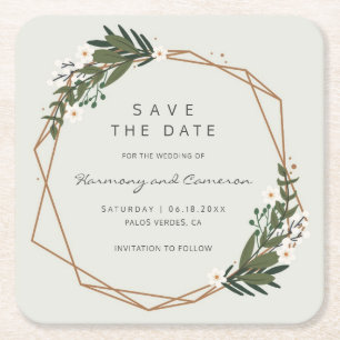 Geometric Gold Greenery Boho Wedding Save the Date Vierkante Kartonnen Onderzetter