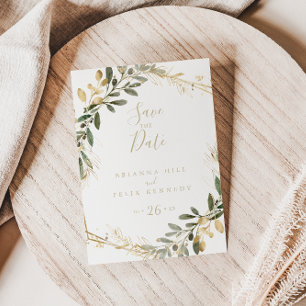 Geometric Gold Greenery Herfst Save the Date Briefkaart
