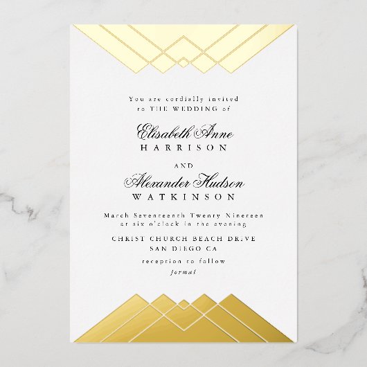 Geometric Gold Leaf Gatsby Calligraphy Wedding Folie Uitnodiging (Voorkant)