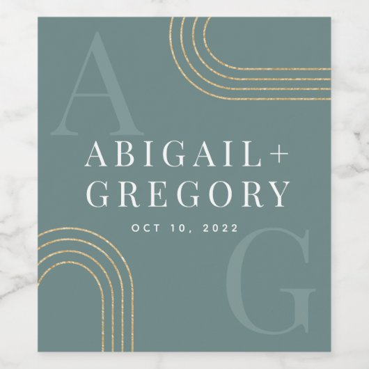 Geometric Gold Lines Monogram Green Wedding Wijn Etiket (Enkel label)