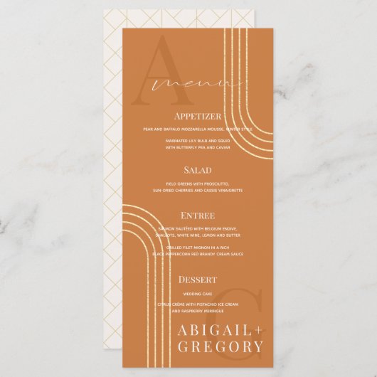 Geometric Gold Lines Monogram Oranje Weddenschap Menu (Voorkant / Achterkant)