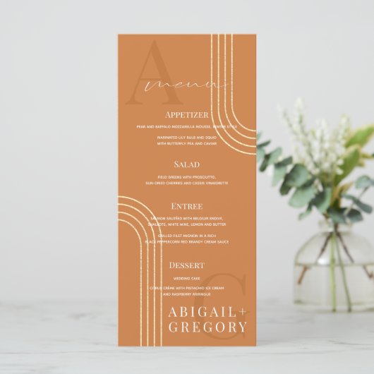 Geometric Gold Lines Monogram Oranje Weddenschap Menu (Staand voorkant)