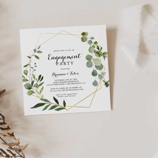 Geometric Gold Tropical Green Engagement Party Kaart
