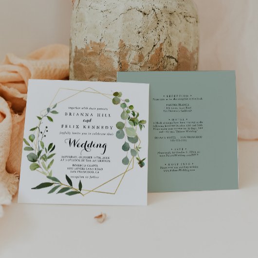 Geometric Gold Tropical Green Front & Back Wedding Kaart