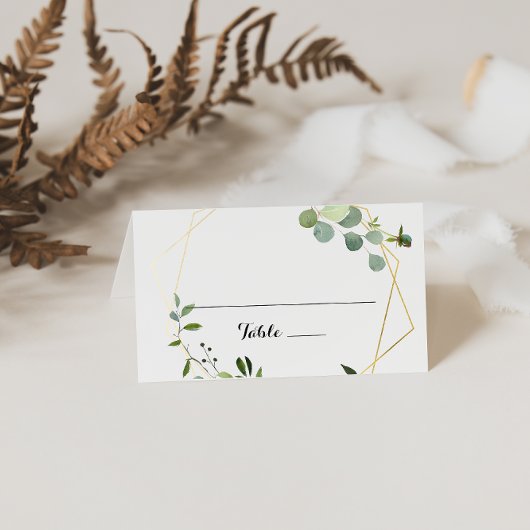 Geometric Gold Tropical Green Wedding Place Card