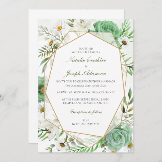 Geometric Green Rose Wedding Invitation (Devant / Derrière)