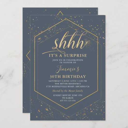 Geometric Grey Gold Surprise Birthday Invitation Kaart (Voorkant / Achterkant)