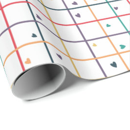 Geometric Grid Pattern with Scattered Hearts Cadeaupapier