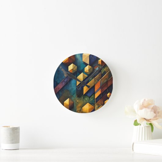 Geometric Harmony: Abstract Cubes in Gold and Teal Ronde Klok (Huis)