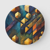 Geometric Harmony: Abstract Cubes in Gold and Teal Ronde Klok (Voorkant)
