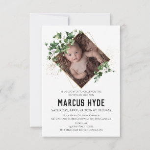 Geometric Ivy Greens Baptism Photo Invitation Aankondiging