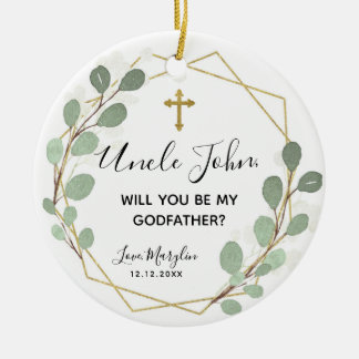 Geometric Leaf Greenery Will you be Godmoeder Keramisch Ornament