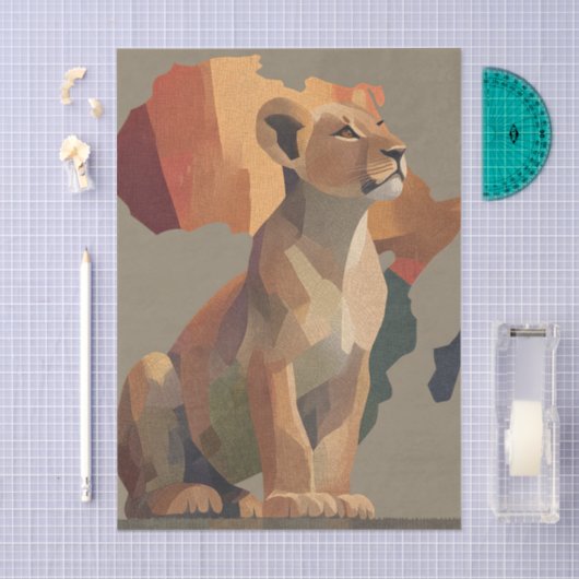 Geometric Mosaic Lioness with Stylized Africa Map Tissuepapier (Craft)