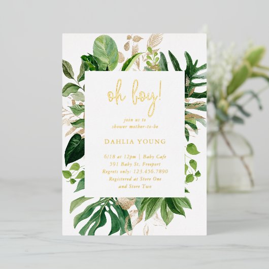 Geometric Oh Boy Tropical Baby shower Gold Folie Uitnodiging (Staand Voorkant)