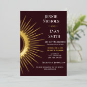 Geometric Sun Modern | Plum Background Wedding Folie Uitnodiging (Staand Voorkant)