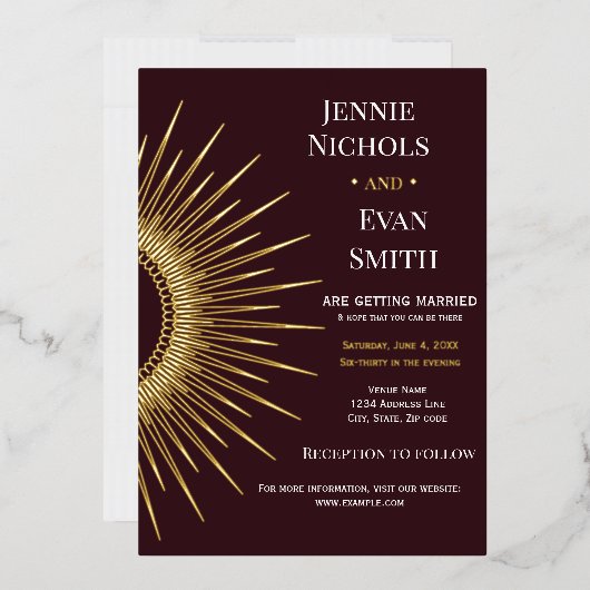 Geometric Sun Modern | Plum Background Wedding Folie Uitnodiging (Envelop)