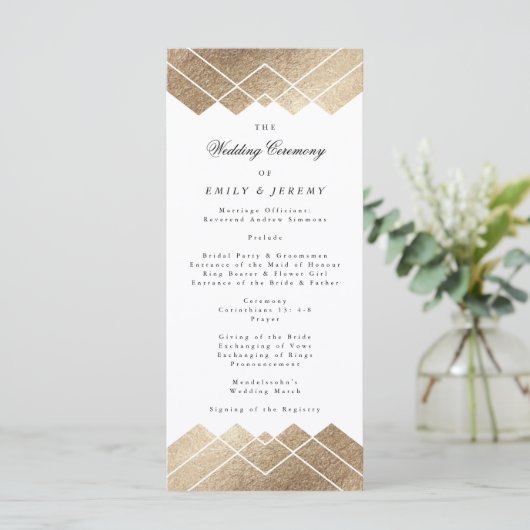 Geometric White Gold Gatsby Wedding Programme Programma (Staand voorkant)