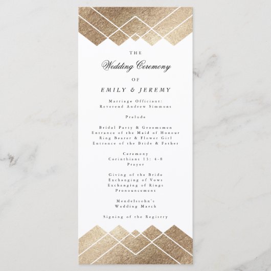Geometric White Gold Gatsby Wedding Programme Programma (Voorkant)