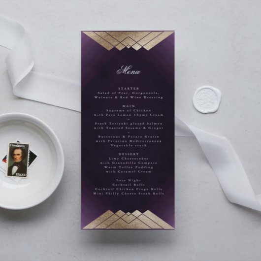 Geometric White Paars Gold Gatsby Wedding Menu