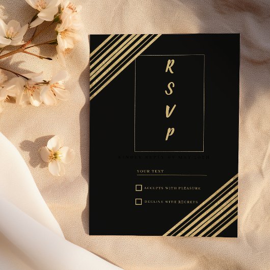 Geometrical black gold typography RSVP Kaart