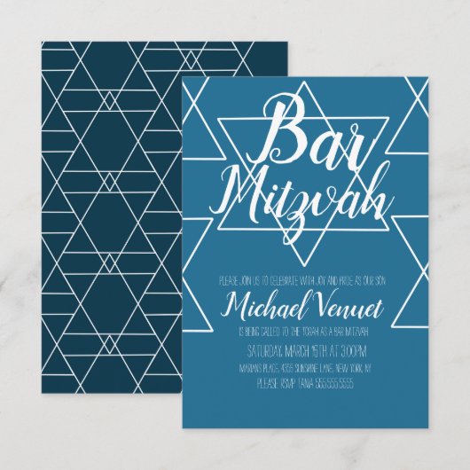 Geometrical Blue White Bar Mitzvah Kaart (Voorkant / Achterkant)