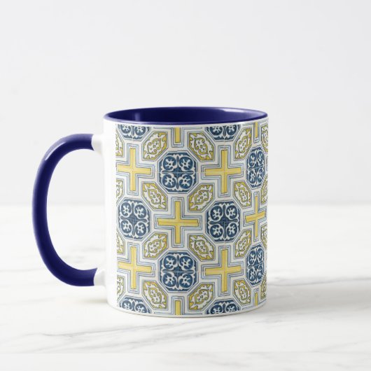 Géométrique Bleu Jaune Faux Tile Café Mug (Gauche)