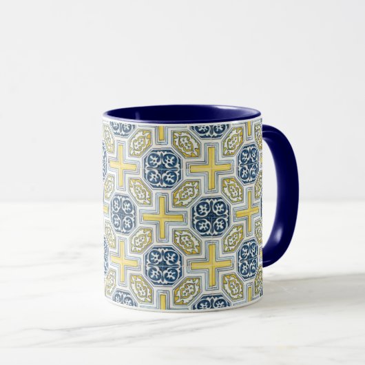 Géométrique Bleu Jaune Faux Tile Café Mug (Devant droit)