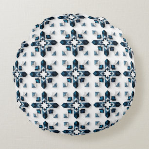 Geometrisch abstract ontwerp in blauw en wit rond kussen