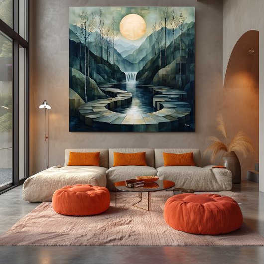 Geometrisch berglandschap met waterval en maan canvas afdruk