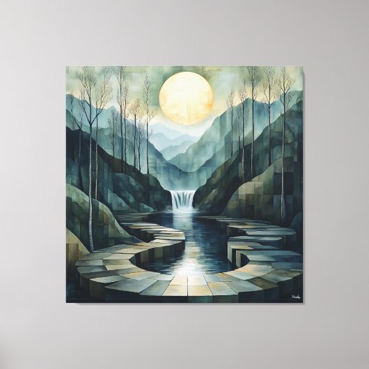 Geometrisch berglandschap met waterval en maan canvas afdruk (Voorkant)