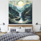 Geometrisch berglandschap met waterval en maan canvas afdruk (Insitu (Slaapkamer))