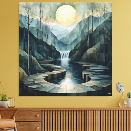 Geometrisch berglandschap met waterval en maan canvas afdruk (Insitu (Woonkamer))