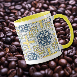 Geometrisch blauw-geel tegelpatroon koffiemok mok
